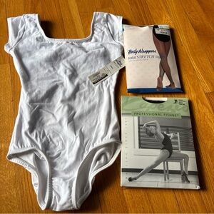 Body Wrappers White Short Sleeve Dance Bodysuit and Black Fishnet Stockings
